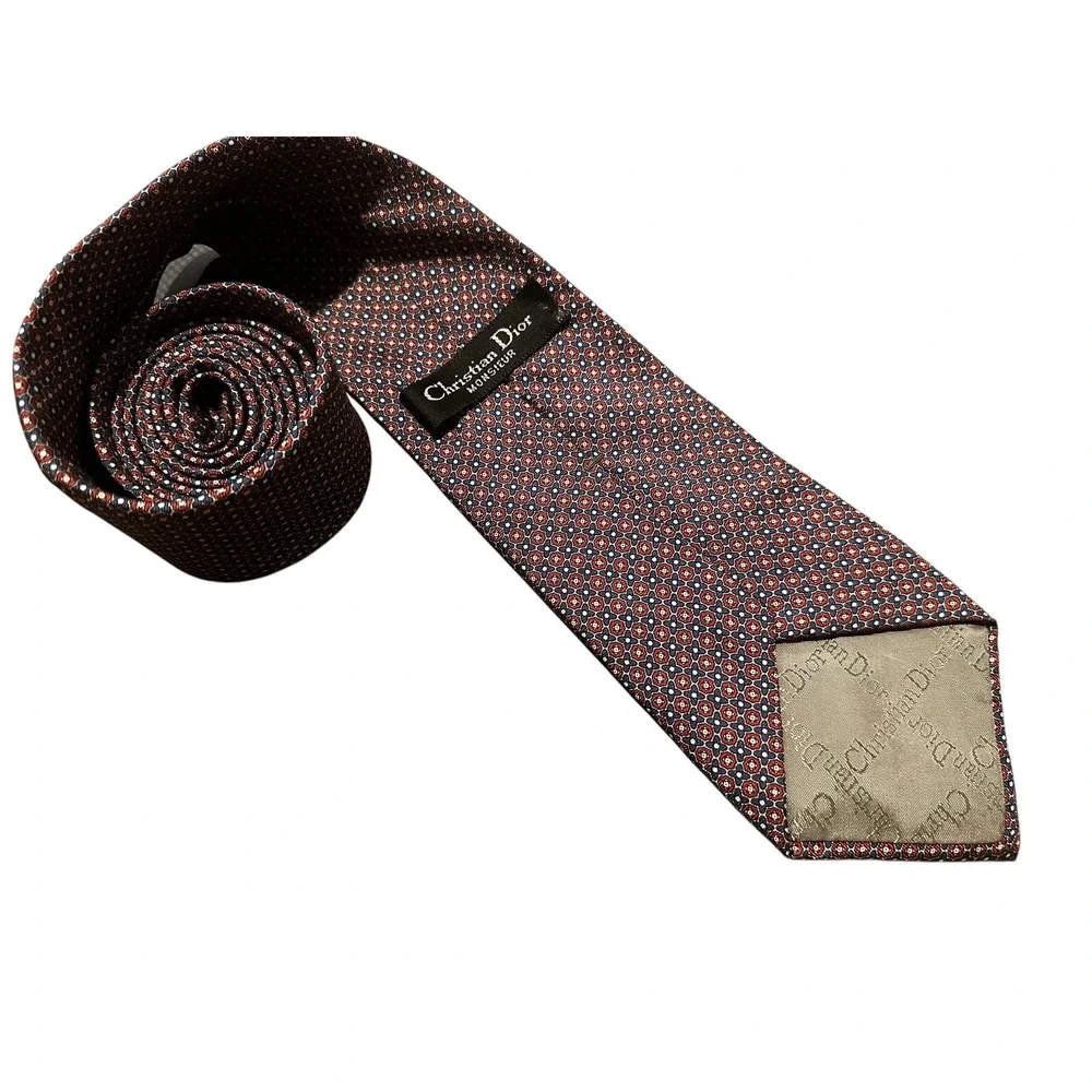 Christian Dior Monsieur Silk Tie Red Blue Geometric Medallion Woven in Italy USA
